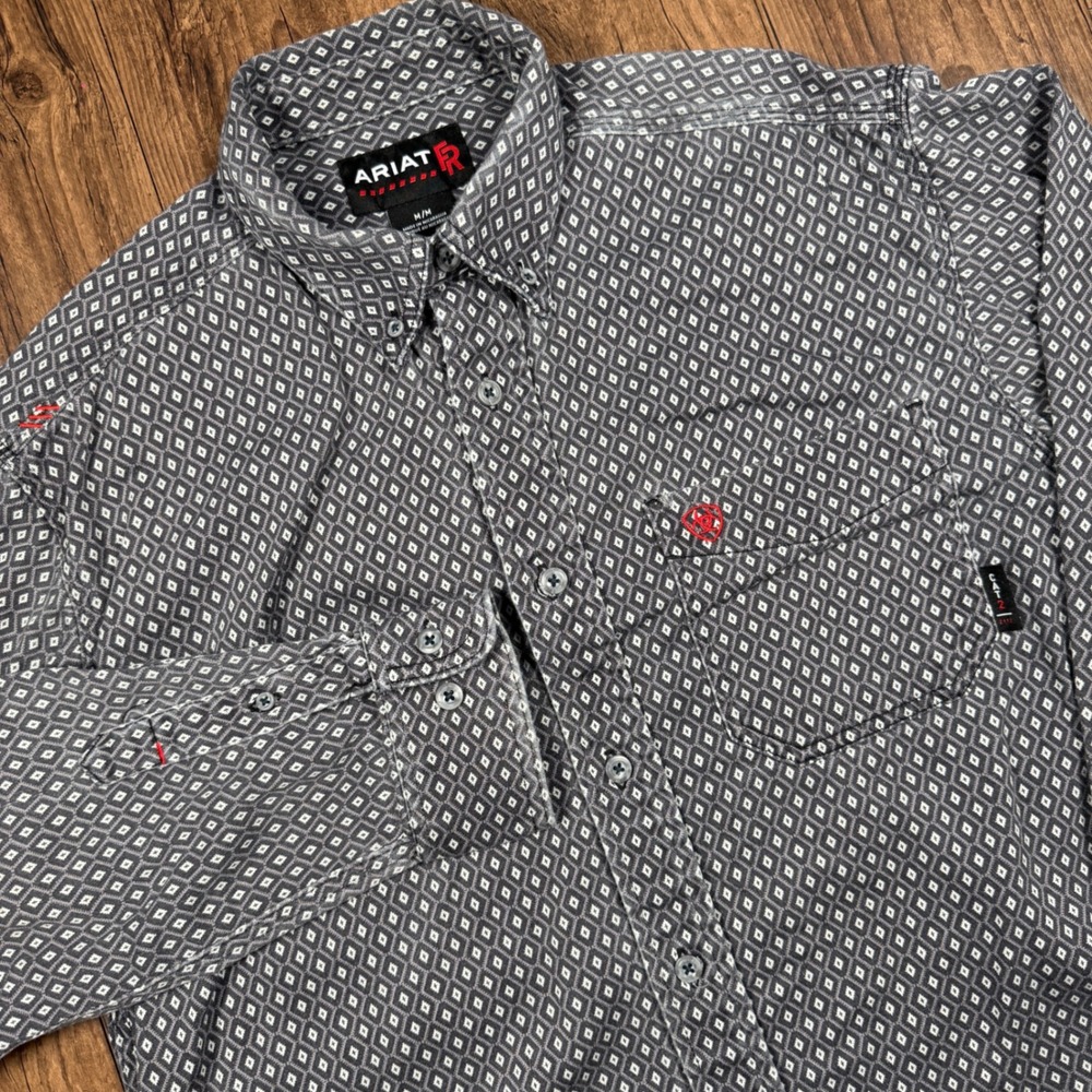 Ariat Work FR Shirt Mens M Gray Geometric Diamond Flame Resistant CAT 2 Workwear